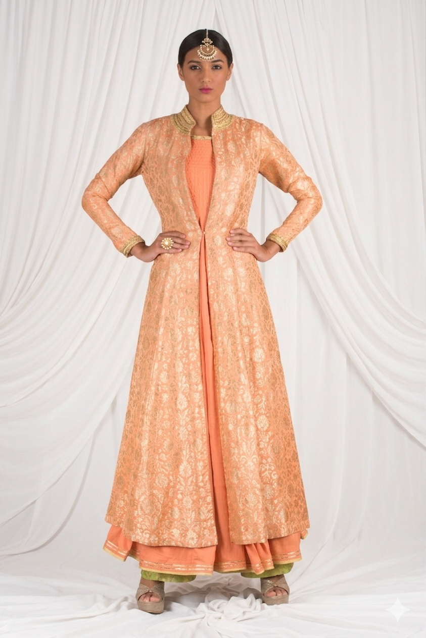 Peach Brocade Jacket Anarkali