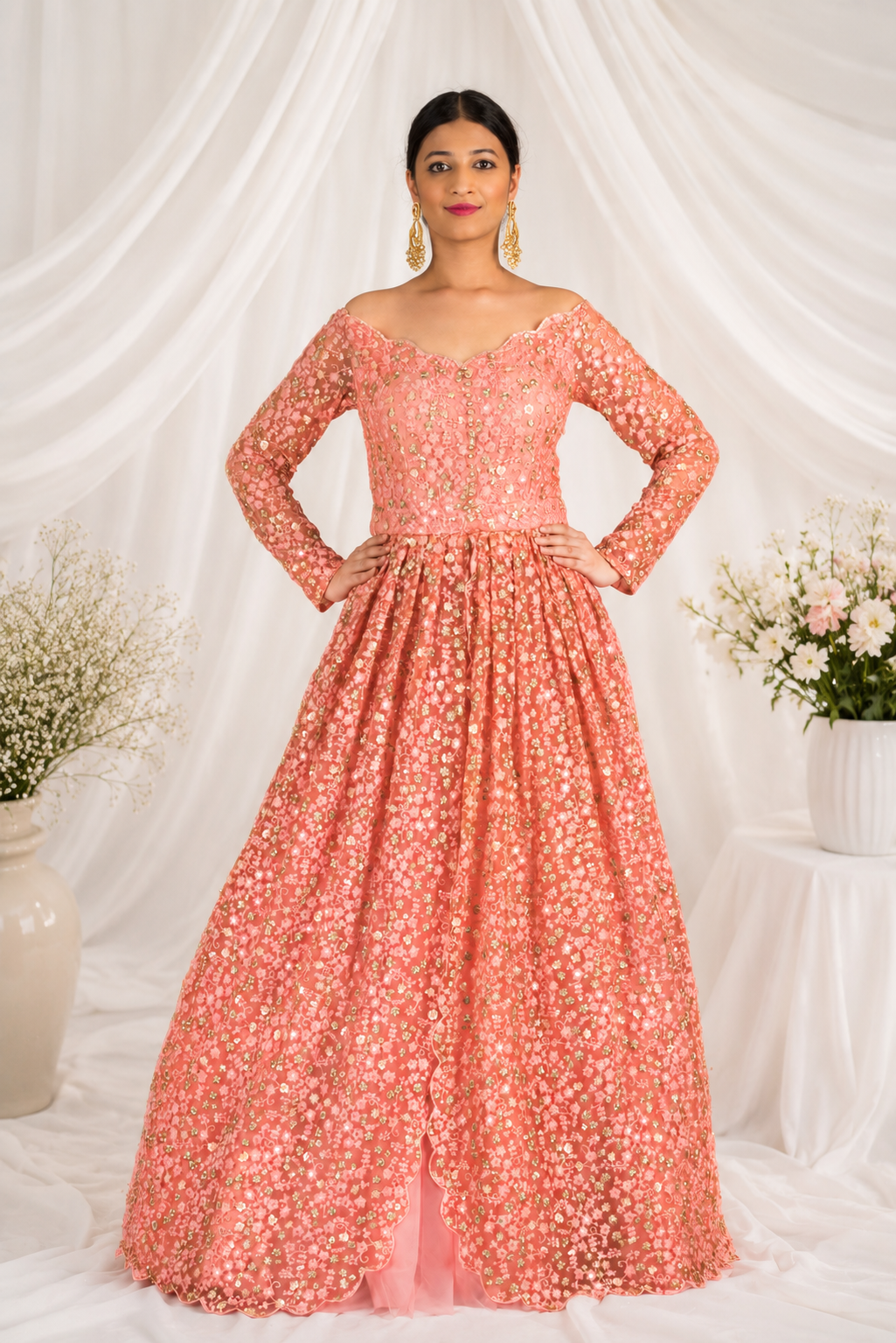 Coral Floral Embroidered Gown
