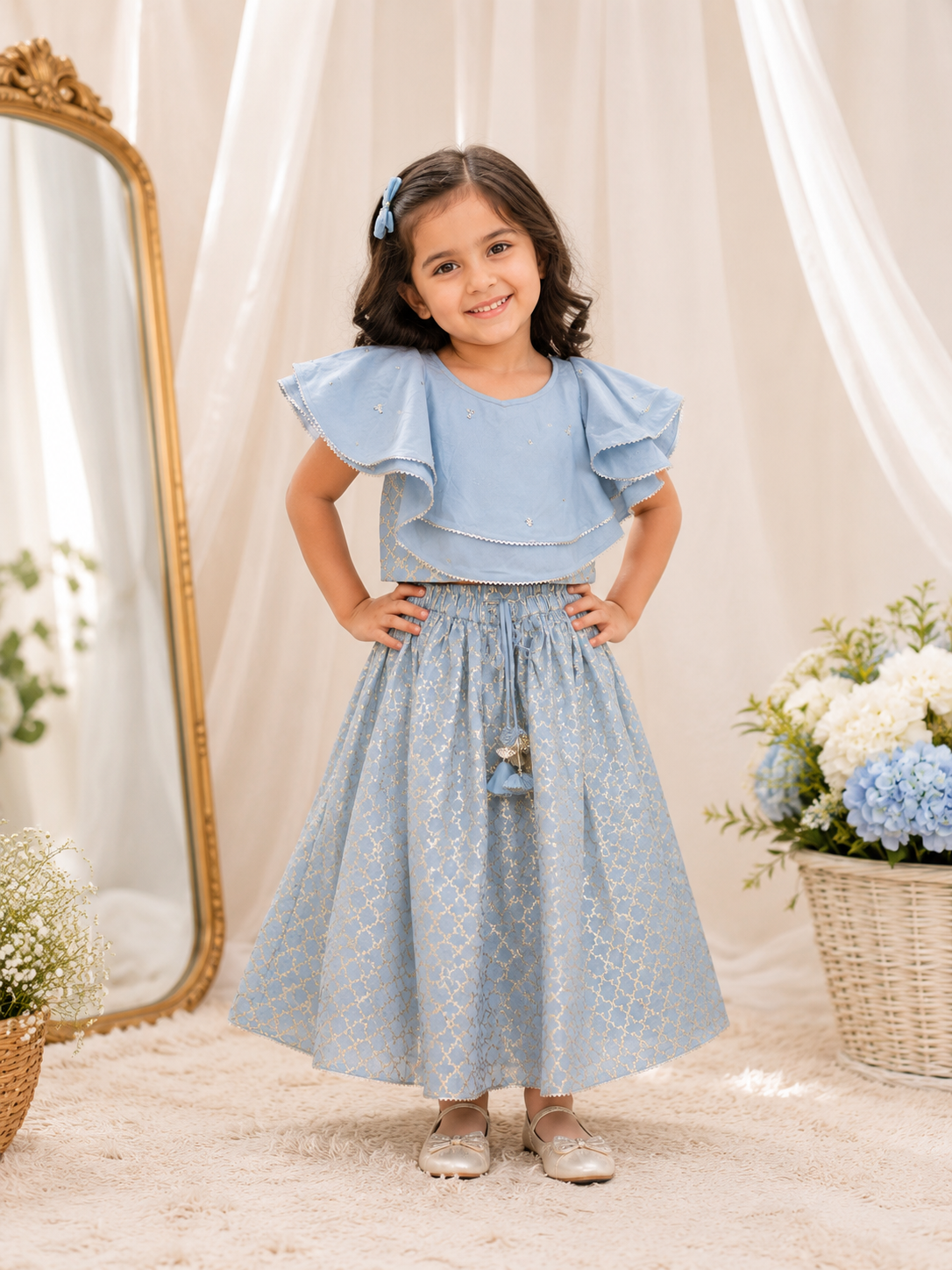 Blue Bloom Ruffle Lehenga Set