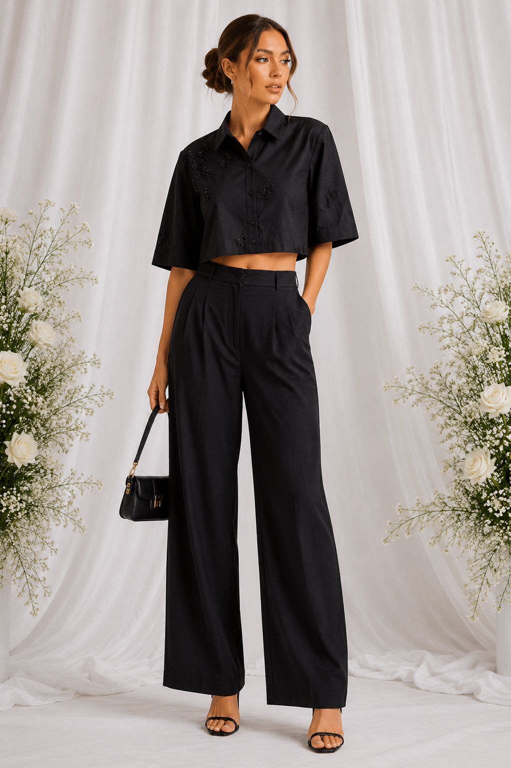Midnight Noir Embroidered Crop Co-ord Set