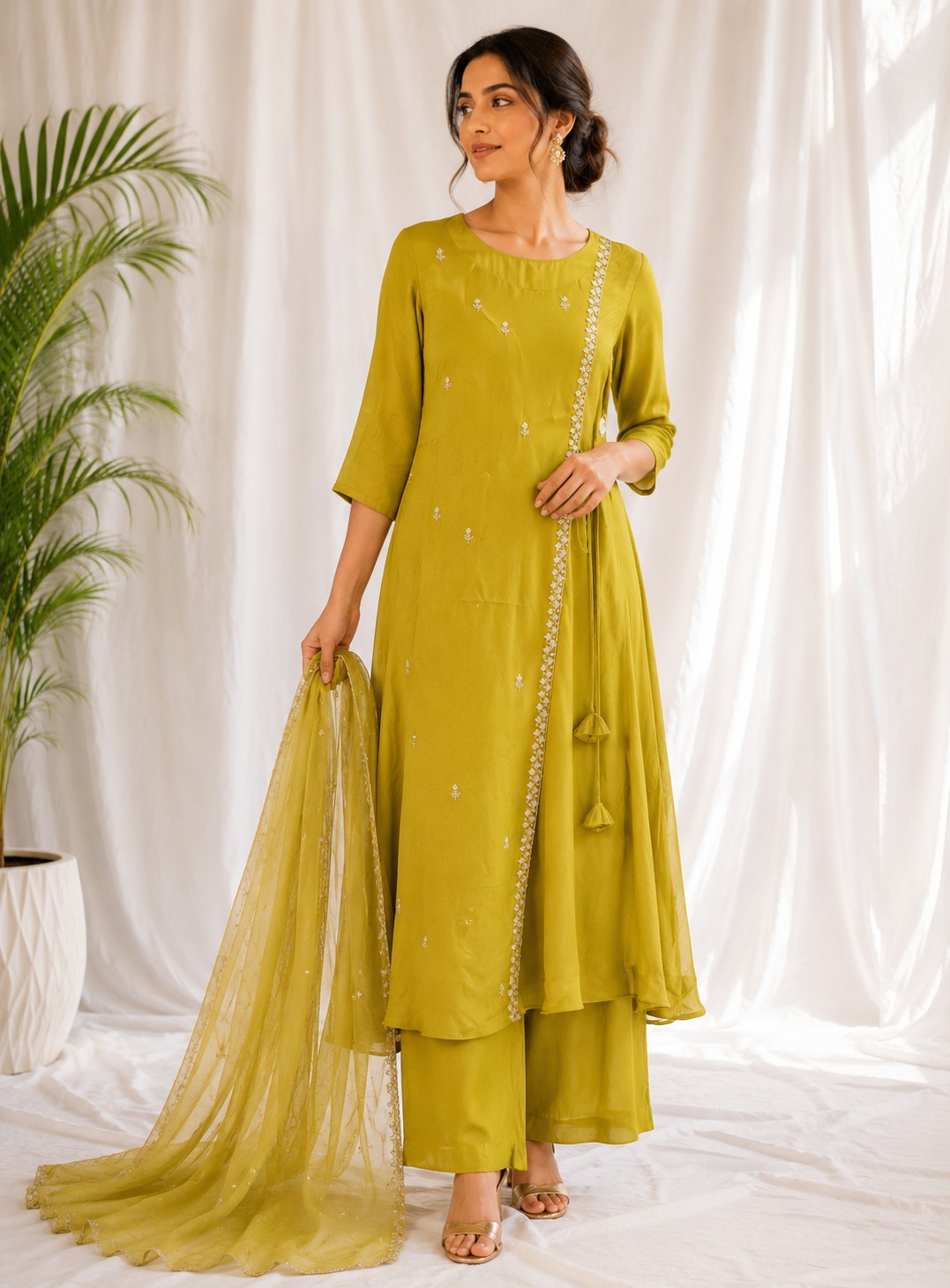 Olive Embroidered Kurta Palazzo Dupatta Set