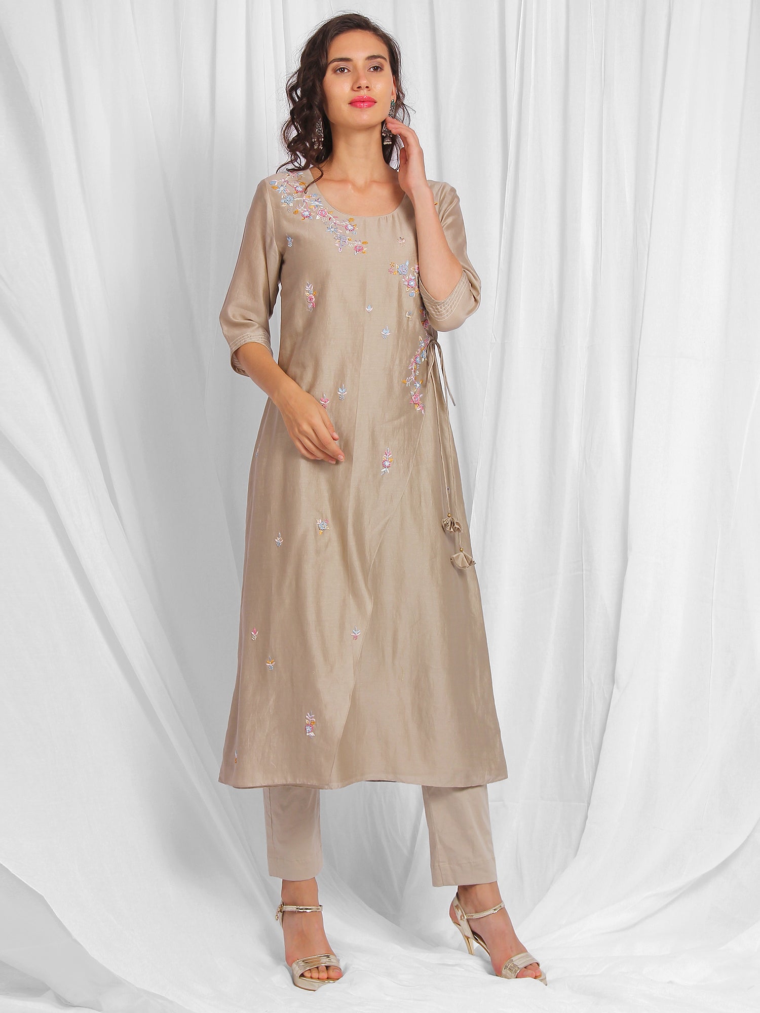 Beige Floral Embroidered Chanderi Kurta Set