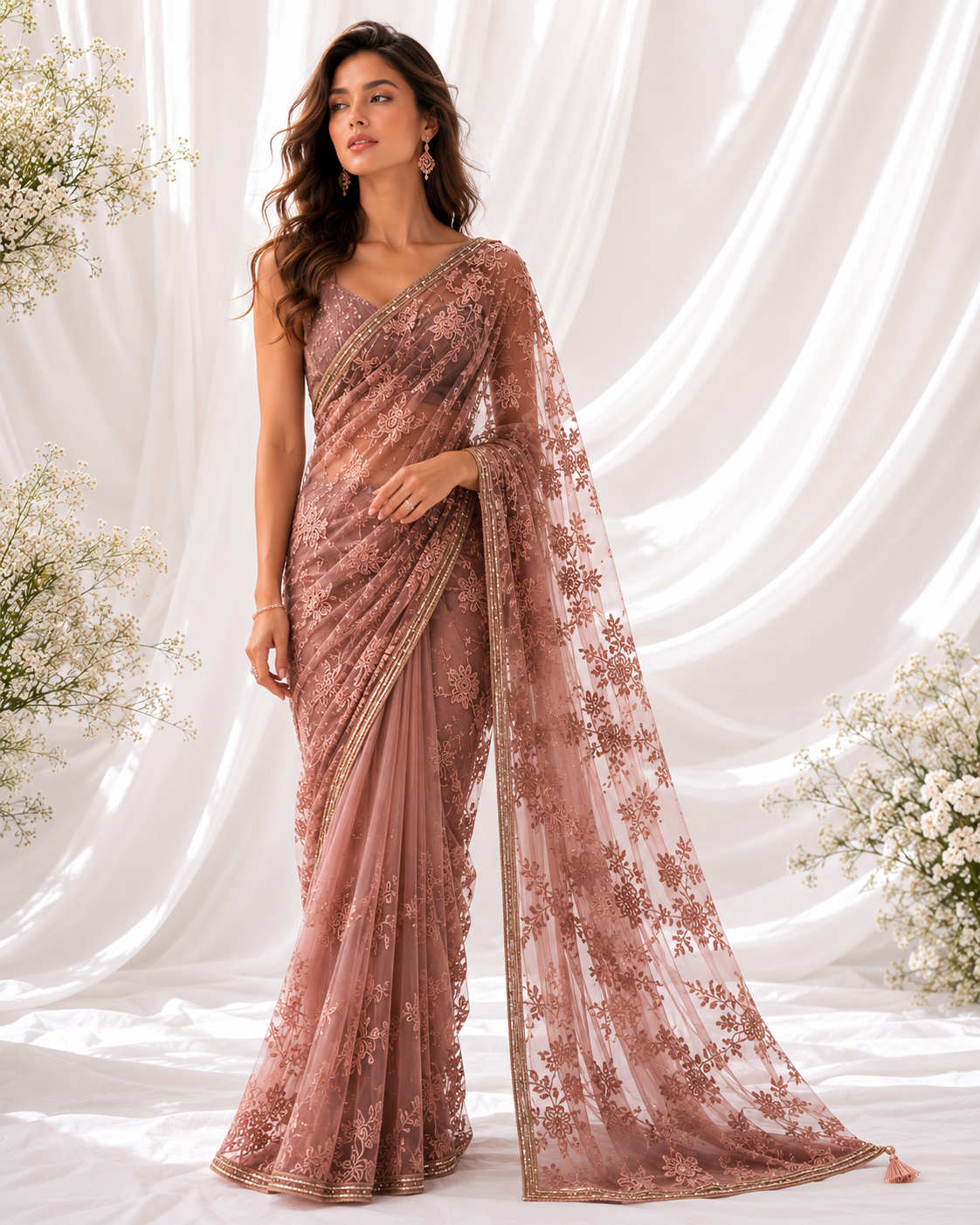 Dusty Rose Floral Embroidered Net Saree