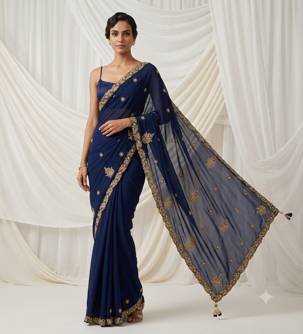 Mint Green Embroidered Net Saree