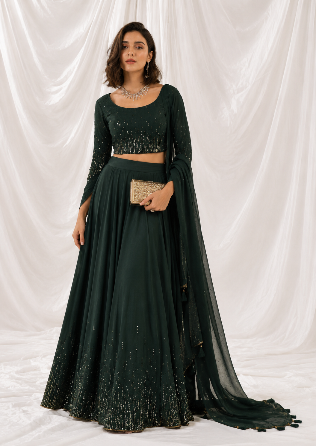 Midnight Emerald Shimmer Lehenga