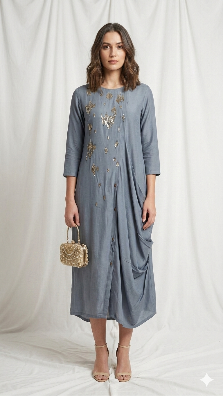 Steel Blue Draped Kurta Dress